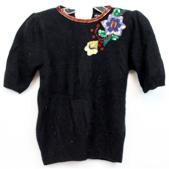 I.B. Diffusion Black Sweater Women Medium Flower Sequin Short Sleeve Silk Angora - Picture 1 of 6